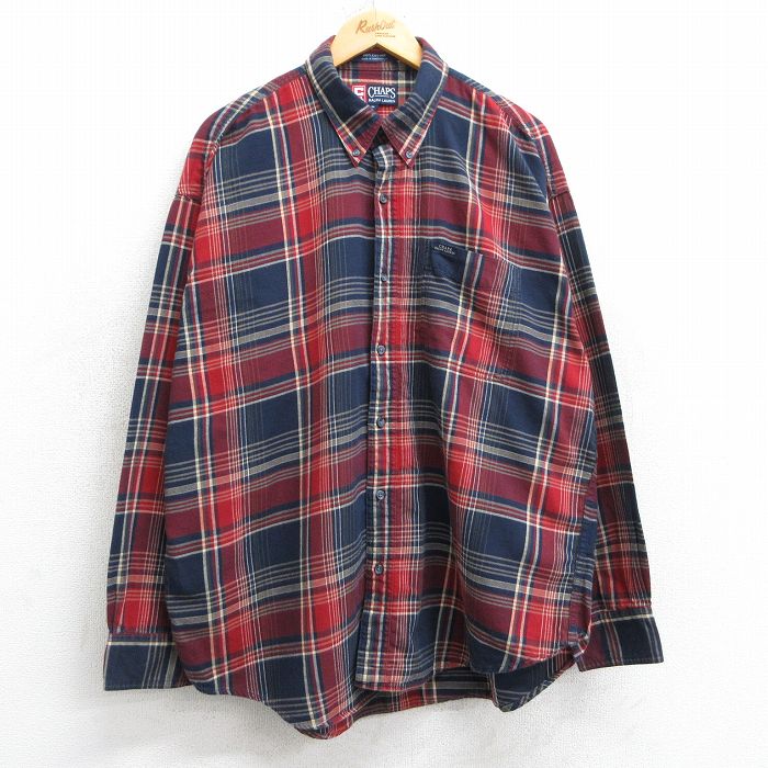 XL★古着 ラルフローレン Ralph Lauren チャップス 長袖 ブランド シャツ メンズ 90年代 90s 大きいサイズ コットン ボタンダウン 紺他 ネイビー チェック 25mar05 中古 トップス