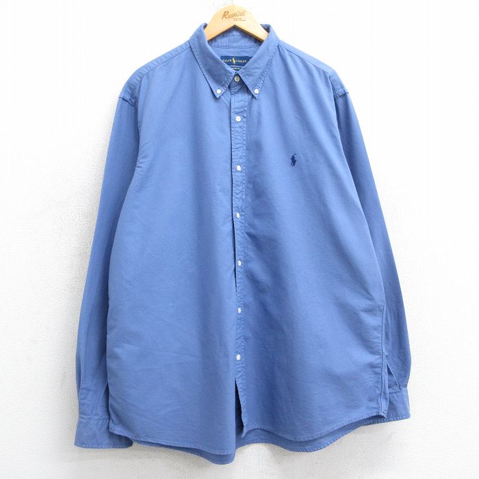 XL★古着 ラルフローレン Ralph Lauren 長袖 ブランド シャツ メンズ ワンポイントロゴ 大きいサイズ ロング丈 コットン ボタンダウン 薄紺 ネイビー 25mar05 中古 トップス