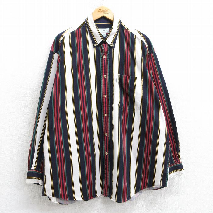 XL★古着 IZOD 長袖 ブランド シャツ メンズ 90年代 90s 大きいサイズ ロング丈 コットン ボタンダウン 紺他 ネイビー ストライプ 25mar05 中古 トップス