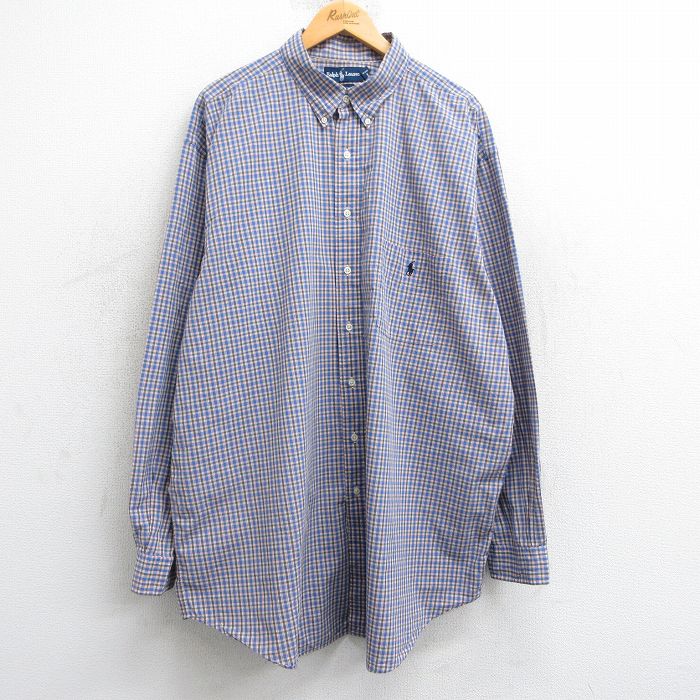 XL★古着 ラルフローレン Ralph Lauren 長袖 ブランド シャツ メンズ 90年代 90s ワンポイントロゴ ロング丈 コットン ボタンダウン 薄紺他 ネイビー チェック 25mar05 中古 トップス