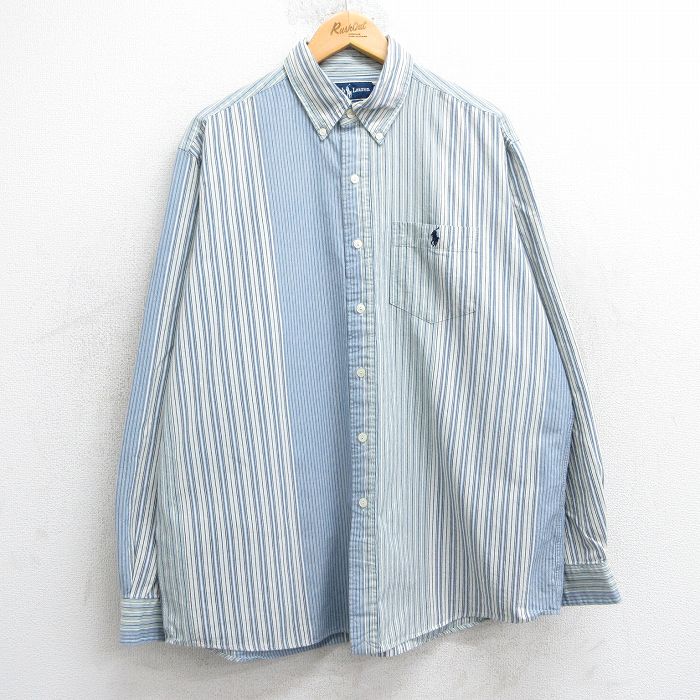 XL★古着 ラルフローレン Ralph Lauren 長袖 ブランド シャツ メンズ 90年代 90s ワンポイントロゴ HERTAGE 大きいサイズ コットン ボタンダウン 薄紺他 ネイビー ストライプ 【spe】 25mar05 中古 トップス