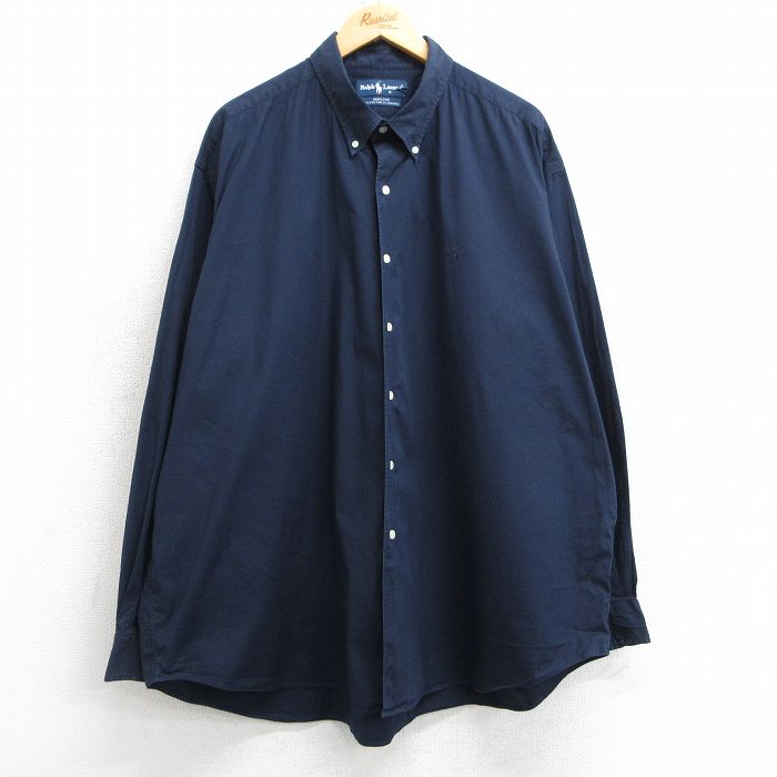 XL★古着 ラルフローレン Ralph Lauren 長袖 ブランド シャツ メンズ 90年代 90s ワンポイントロゴ MARLOWE 大きいサイズ ロング丈 ボタンダウン 紺 ネイビー 25mar05 中古 トップス