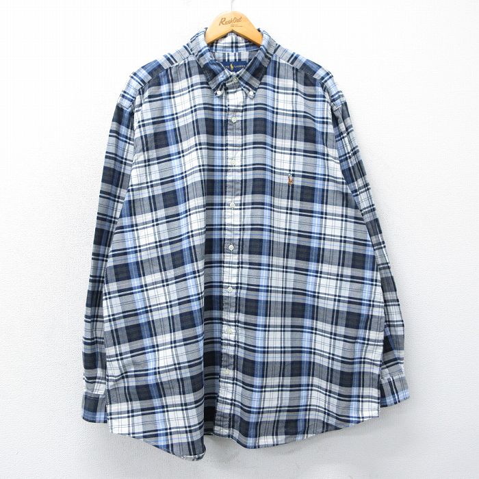 XL★古着 ラルフローレン Ralph Lauren 長袖 ブランド シャツ メンズ ワンポイントロゴ オックスフォード 大きいサイズ ロング丈 コットン ボタンダウン 薄紺他 ネイビー チェック 25mar05 中古 トップス