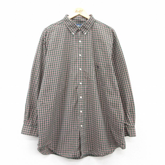 XL★古着 ラルフローレン Ralph Lauren 長袖 ブランド シャツ メンズ 90年代 90s ワンポイントロゴ 大きいサイズ ロング丈 コットン ボタンダウン 緑他 グリーン チェック 25mar06 中古 トップス