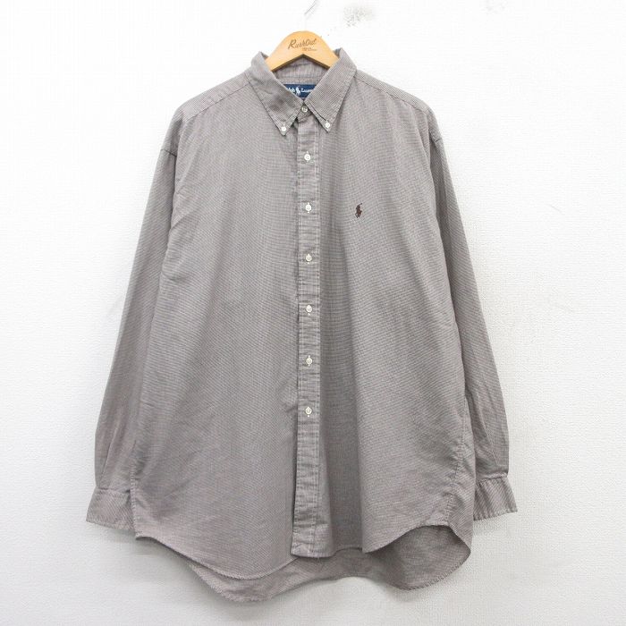 XL★古着 ラルフローレン Ralph Lauren 長袖 ブランド シャツ メンズ 90年代 90s ワンポイントロゴ BLAKE 千鳥格子 大きいサイズ ロング丈 コットン ボタンダウン 茶他 ブラウン 25mar06 中古 トップス
