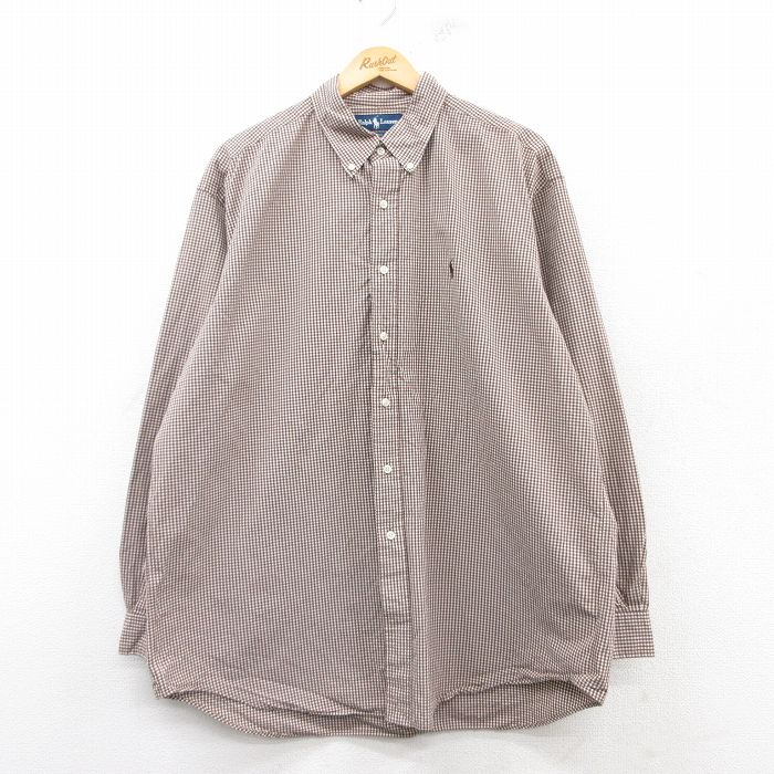 XL★古着 ラルフローレン Ralph Lauren 長袖 ブランド シャツ メンズ 90年代 90s ワンポイントロゴ BLAKE 大きいサイズ ロング丈 コットン ボタンダウン 茶他 ブラウン チェック 25mar06 中古 トップス