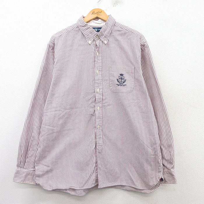 XL★古着 ラルフローレン Ralph Lauren 長袖 ブランド シャツ メンズ 90年代 90s ワンポイントロゴ 大きいサイズ コットン ボタンダウン 白他 ホワイト ストライプ 25mar06 中古 トップス