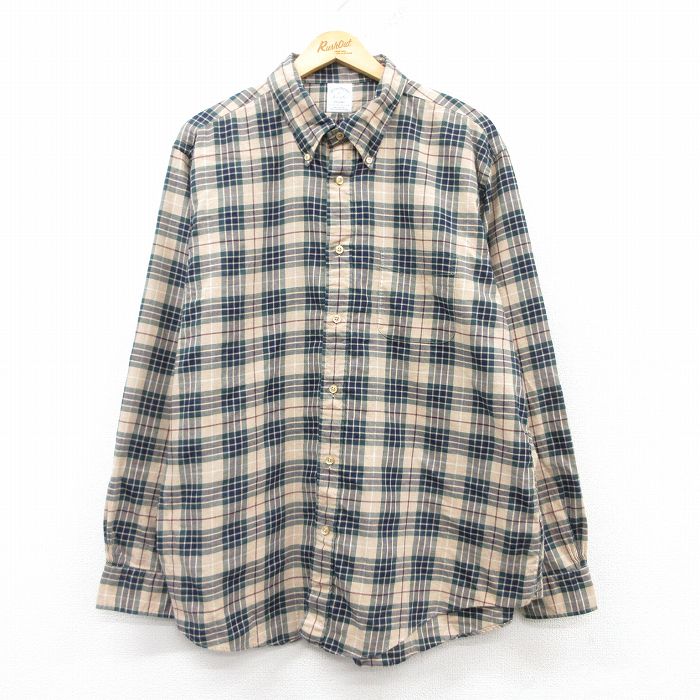 XL★古着 ブルックスブラザーズ BROOKS BROTHERS 長袖 ブランド シャツ メンズ ロング丈 コットン ボタンダウン ベージュ他 カーキ チェック 25mar06 中古 トップス
