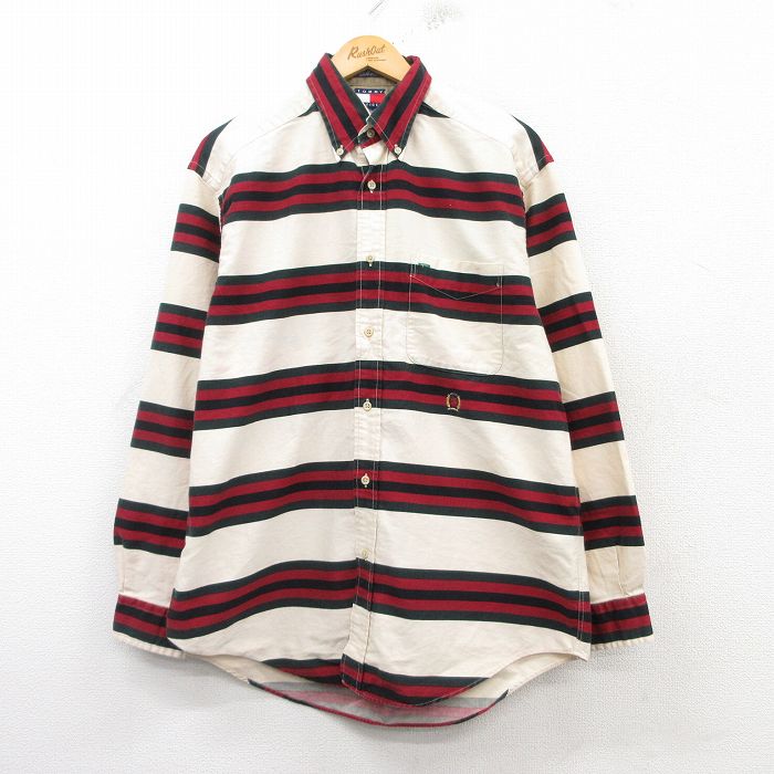 L★古着 トミーヒルフィガー TOMMY HILFIGER 長袖 ブランド シャツ メンズ 90年代 90s ワンポイントロゴ ロング丈 コットン ボタンダウン ベージュ系他 カーキ 25mar06 中古 トップス
