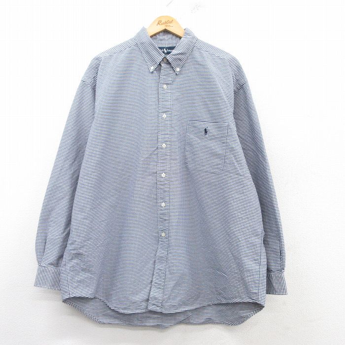 XL★古着 ラルフローレン Ralph Lauren 長袖 ブランド シャツ メンズ 90年代 90s ワンポイントロゴ BIG SHIRT 大きいサイズ ロング丈 コットン ボタンダウン 紺他 ネイビー チェック 【spe】 25mar06 中古 トップス