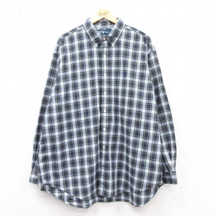XL★古着 ラルフローレン Ralph Lauren 長袖 ブランド シャツ メンズ 90年代 90s ワンポイントロゴ BLAKE 大きいサイズ ロング丈 コットン ボタンダウン 紺他 ネイビー チェック 25mar06 中古 トップス