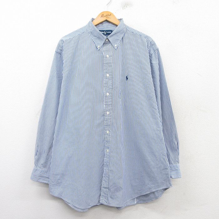 XL★古着 ラルフローレン Ralph Lauren 長袖 ブランド シャツ メンズ 90年代 90s ワンポイントロゴ YARMOUTH 大きいサイズ ロング丈 コットン ボタンダウン 紺他 ネイビー ストライプ 25mar06 中古 トップス