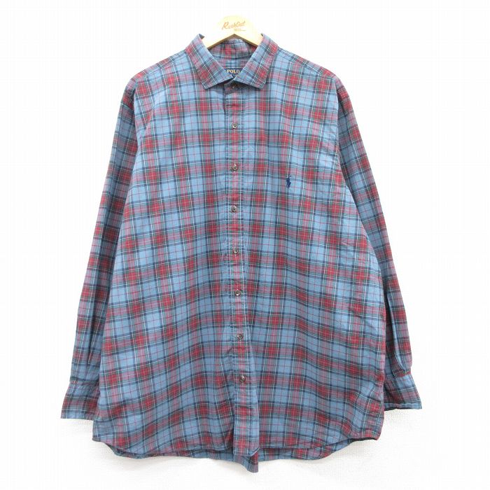 XL★古着 ラルフローレン Ralph Lauren 長袖 ブランド シャツ メンズ ワンポイントロゴ 大きいサイズ ロング丈 コットン 紺他 ネイビー チェック 25mar06 中古 トップス