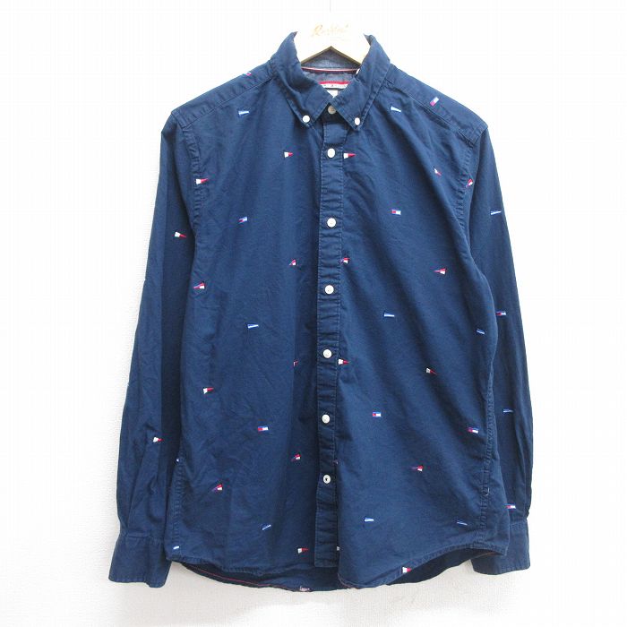 M★古着 トミーヒルフィガー TOMMY HILFIGER 長袖 ブランド シャツ メンズ ワンポイントロゴ 総柄 コットン ボタンダウン 紺 ネイビー 25mar07 中古 トップス