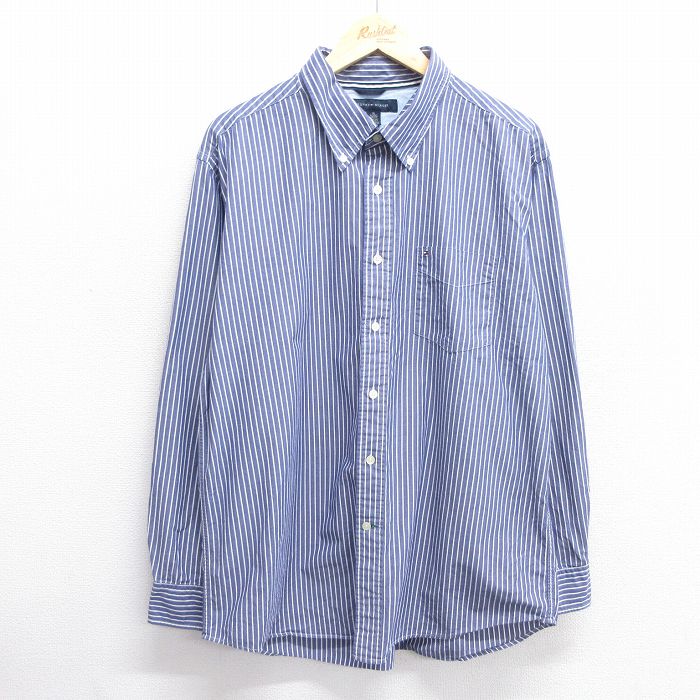 XL★古着 トミーヒルフィガー TOMMY HILFIGER 長袖 ブランド シャツ メンズ ワンポイントロゴ コットン ボタンダウン 紺他 ネイビー ストライプ 25mar07 中古 トップス