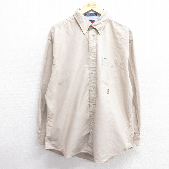 【50%OFF】XL★古着 トミーヒルフィガー TOMMY HILFIGER 長袖 ブランド シャツ メンズ 90年代 90s ワンポイントロゴ 大きいサイズ ロング丈 コットン ボタンダウン ベージュ カーキ 25mar07 中古 トップス