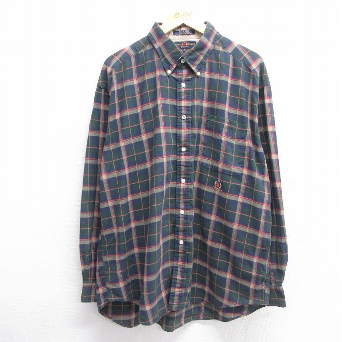XL★古着 トミーヒルフィガー TOMMY HILFIGER 長袖 ブランド シャツ メンズ 90年代 90s ワンポイントロゴ 大きいサイズ ロング丈 コットン ボタンダウン 緑他 グリーン チェック 【spe】 25mar07 中古 トップス