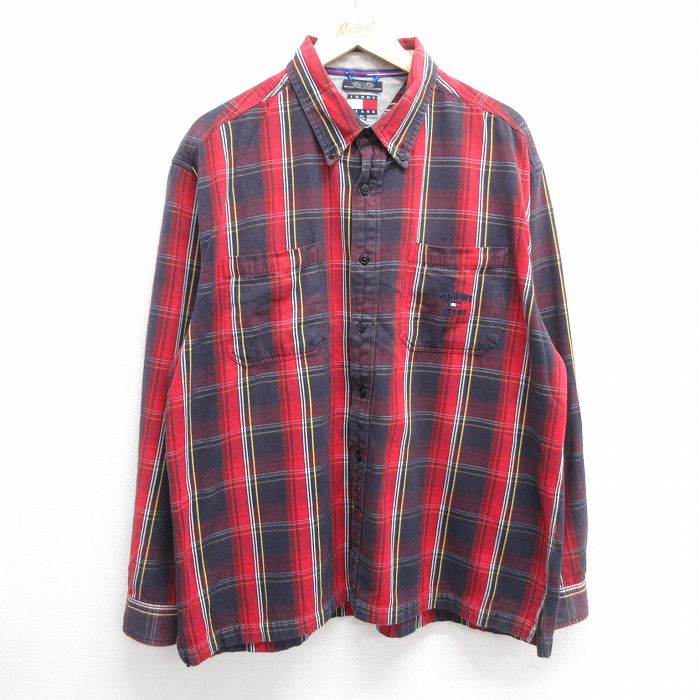 【50%OFF】XL★古着 トミーヒルフィガー TOMMY HILFIGER トミージーンズ 長袖 ブランド シャツ メンズ 90年代 90s ワンポイントロゴ コットン ボタンダウン 赤他 レッド チェック 25mar08 中古 トップス