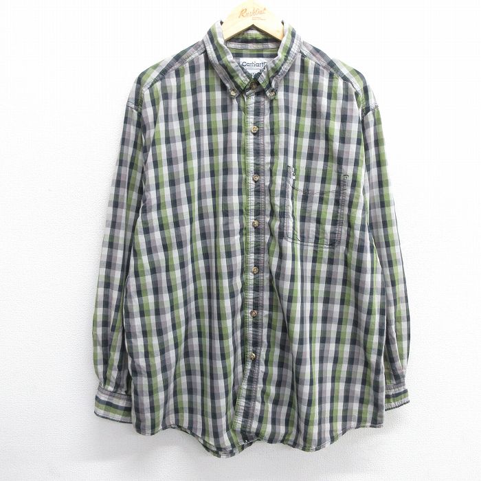 【50%OFF】XL★古着 カーハート Carhartt 長袖 ブランド シャツ メンズ ワンポイントロゴ 大きいサイズ コットン ボタンダウン グレー他 チェック 25mar08 中古 トップス