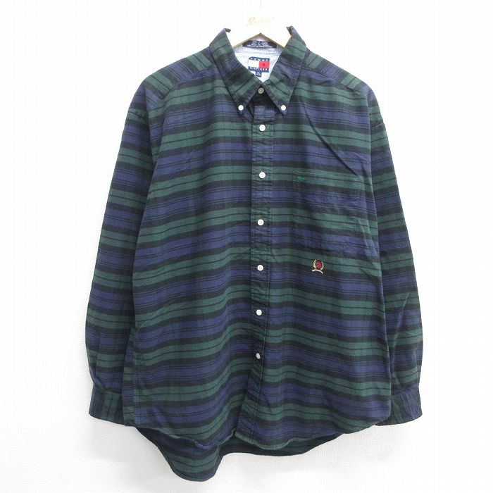 XL★古着 トミーヒルフィガー TOMMY HILFIGER 長袖 ブランド シャツ メンズ 90年代 90s ワンポイントロゴ 大きいサイズ コットン ボタンダウン 緑他 グリーン 25mar08 中古 トップス
