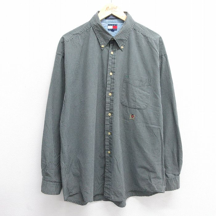 XL★古着 トミーヒルフィガー TOMMY HILFIGER 長袖 ブランド シャツ メンズ 90年代 90s ワンポイントロゴ 大きいサイズ ロング丈 コットン ボタンダウン 緑他 グリーン チェック 25mar08 中古 トップス