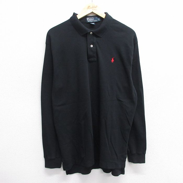XL★古着 ラルフローレン Ralph Lauren 長袖 ブランド ポロ シャツ メンズ 90年代 90s ワンポイントロゴ コットン 黒 ブラック 25mar08 中古 トップス