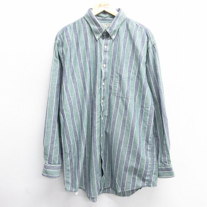 【50%OFF】XL★古着 エルエルビーン LLBEAN 長袖 ブランド シャツ メンズ 80年代 80s オックスフォード ロング丈 コットン ボタンダウン 緑他 グリーン ストライプ 25mar08 中古 トップス