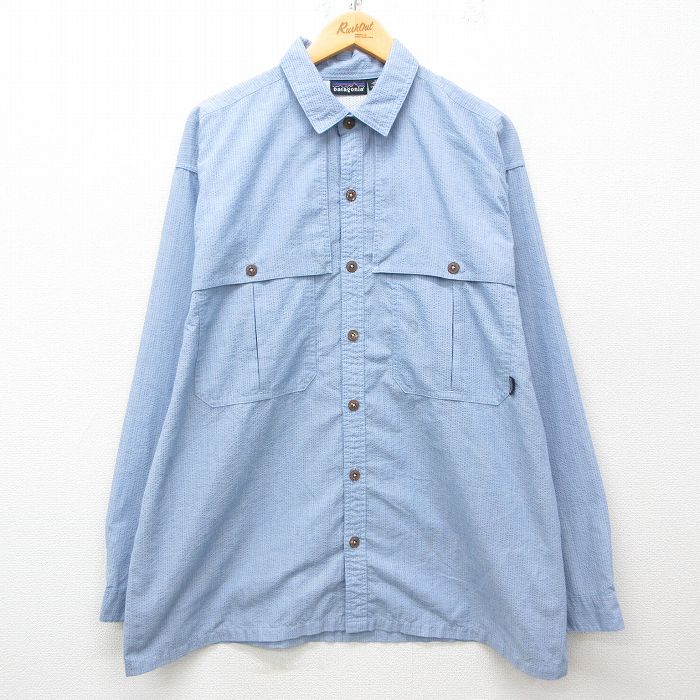 XL★古着 パタゴニア patagonia 長袖 ブランド アイランド ホッパー シャツ メンズ 00年代 00s 大きいサイズ 薄紺他 ネイビー ストライプ 内側メッシュ 【spe】 25mar08 中古 トップス