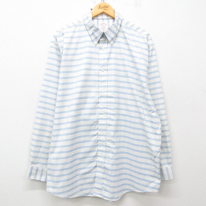XL★古着 ブルックスブラザーズ BROOKS BROTHERS 長袖 ブランド シャツ メンズ ワンポイントロゴ 大きいサイズ ロング丈 コットン ボタンダウン 白他 ホワイト チェック 25mar08 中古 トップス