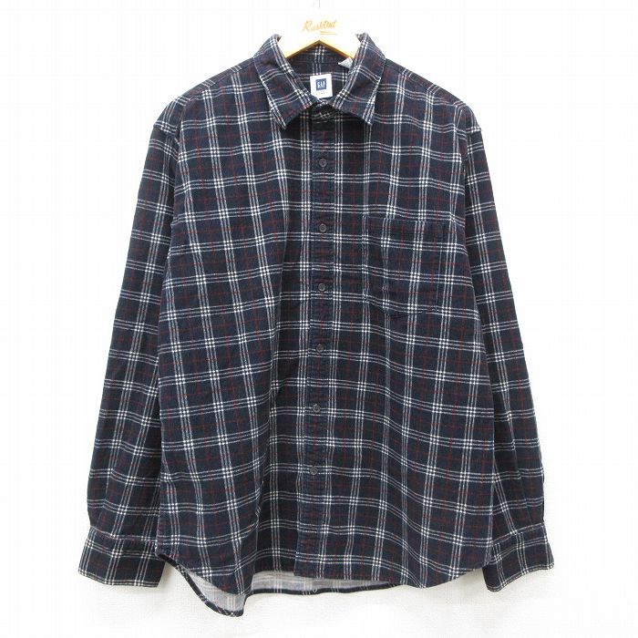 XL★古着 ギャップ GAP　長袖 ブランド シャツ メンズ コーデュロイ コットン 濃紺他 ネイビー チェック 25mar08 中古 トップス