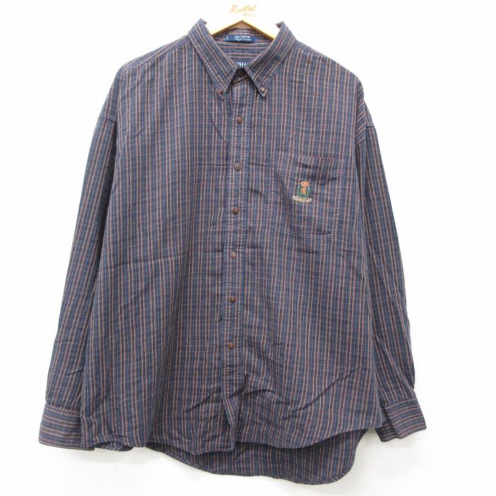 【50%OFF】XL★古着 ラルフローレン Ralph Lauren チャップス 長袖 ブランド シャツ メンズ 90年代 90s ワンポイントロゴ 大きいサイズ コットン ボタンダウン 紺他 ネイビー チェック 25mar08 中古 トップス