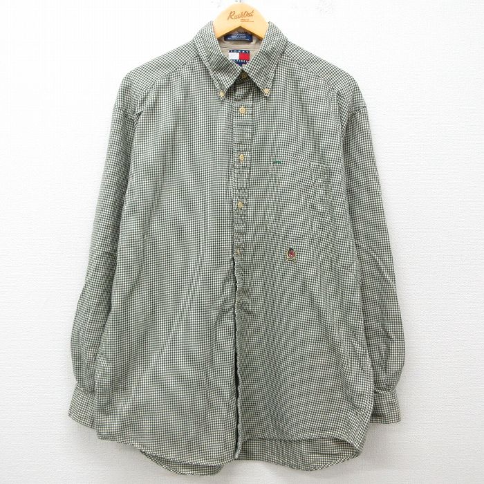 【50%OFF】XL★古着 トミーヒルフィガー TOMMY HILFIGER 長袖 ブランド シャツ メンズ 90年代 90s コットン ボタンダウン 濃緑他 グリーン ギンガム チェック 25mar08 中古 トップス
