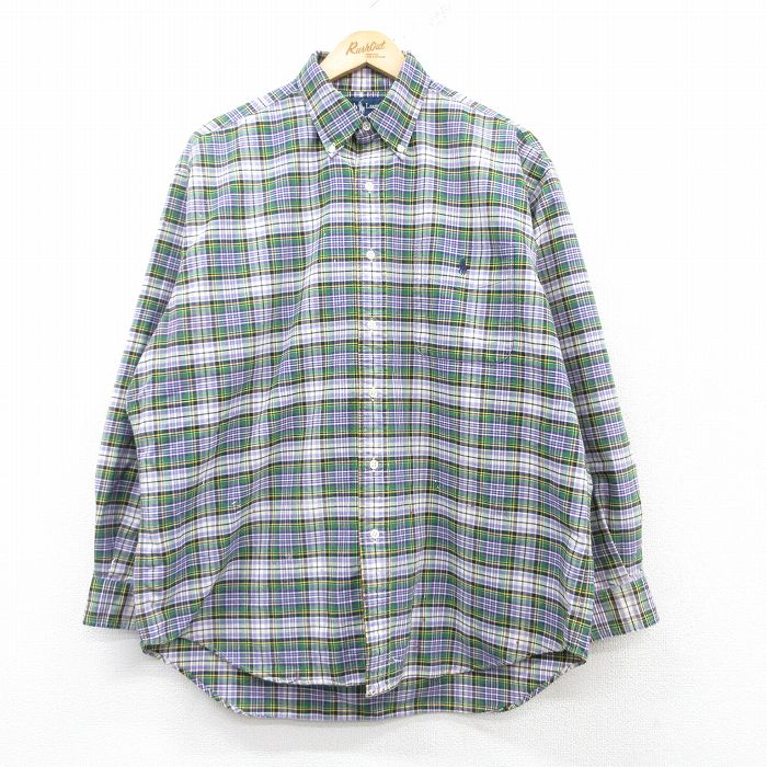XL★古着 ラルフローレン Ralph Lauren 長袖 ブランド シャツ メンズ 90年代 90s ワンポイントロゴ BIG SHIRT オックスフォード 大きいサイズ コットン ボタンダウン 緑他 グリーン チェック 【spe】 25mar08 中古 トップス