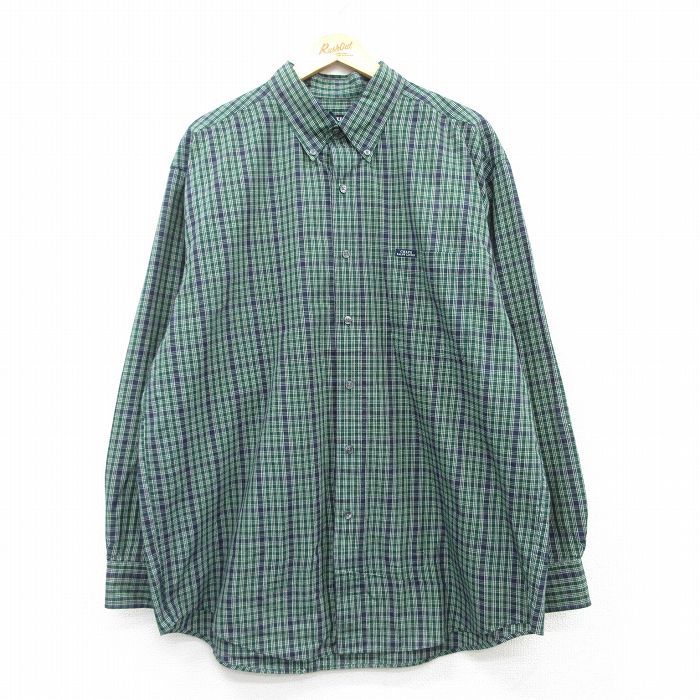 XL★古着 ラルフローレン Ralph Lauren チャップス 長袖 ブランド シャツ メンズ 90年代 90s 大きいサイズ ロング丈 ボタンダウン 緑他 グリーン チェック 25mar08 中古 トップス
