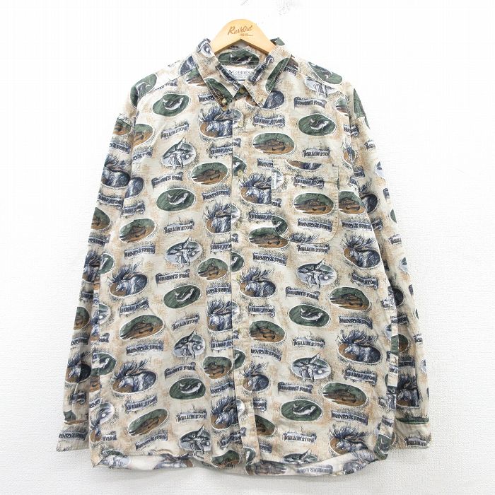 【50%OFF】XL★古着 コロンビア COLUMBIA 長袖 ブランド シャツ メンズ 00年代 00s シカ 魚 鳥 ロング丈 コットン ボタンダウン ベージュ他 カーキ 【spe】 25mar08 中古 トップス