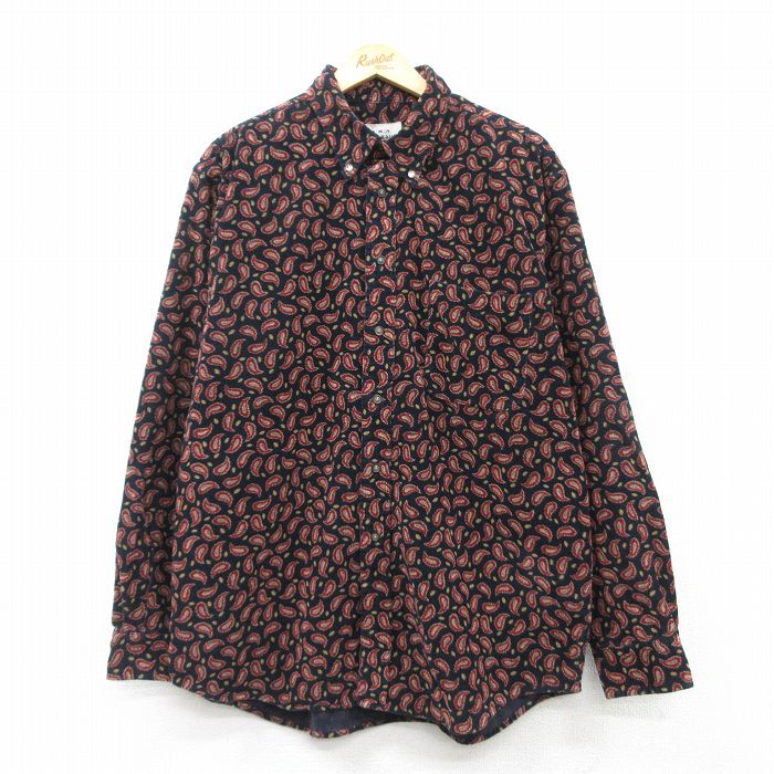 XL★古着 エディーバウアー 長袖 ブランド シャツ メンズ ペイズリー柄 コーデュロイ 大きいサイズ ロング丈 コットン ボタンダウン 黒他 ブラック 25mar08 中古 トップス