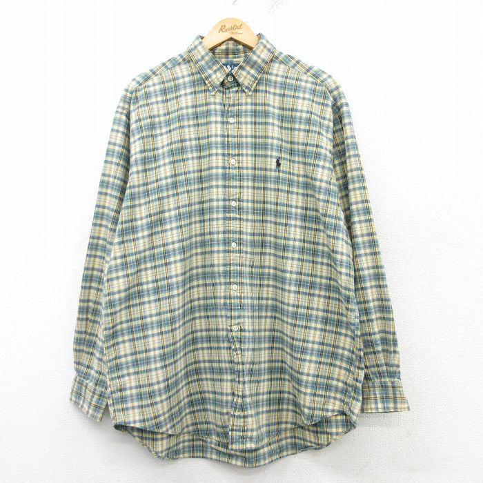 XL★古着 ラルフローレン Ralph Lauren 長袖 ブランド シャツ メンズ 90年代 90s ワンポイントロゴ BLAKE 大きいサイズ ロング丈 コットン ボタンダウン 黄他 イエロー チェック 25mar08 中古 トップス