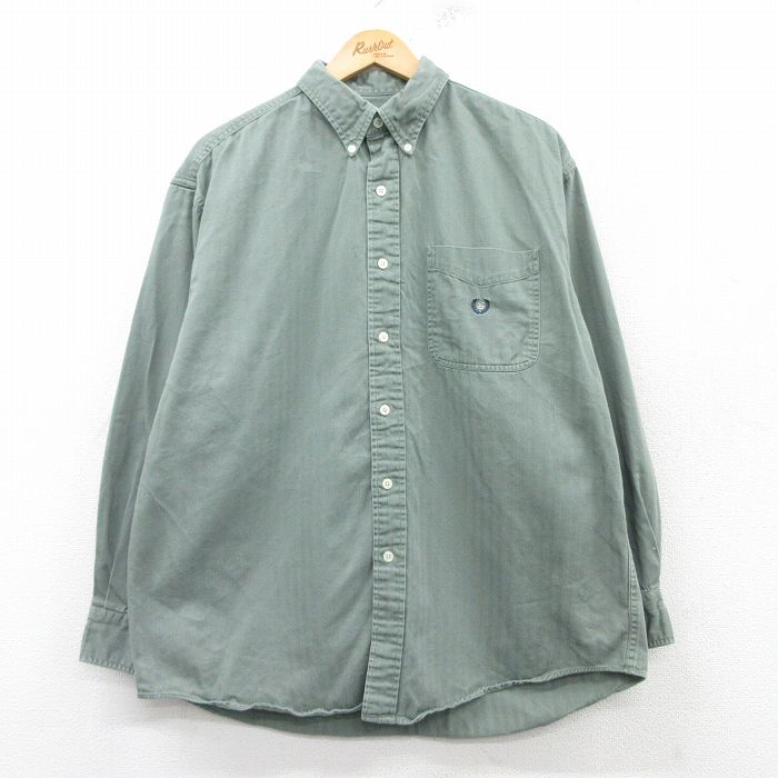 XL★古着 ラルフローレン Ralph Lauren チャップス 長袖 ブランド シャツ メンズ 90年代 90s ワンポイントロゴ ヘリンボーン コットン ボタンダウン 緑系 グリーン 25mar08 中古 トップス