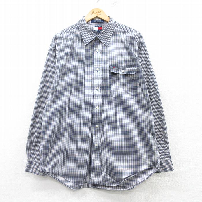 トミーヒルフィガー 90s 長袖シャツ ワンポイントロゴ ネイビーチェック XL | 古着