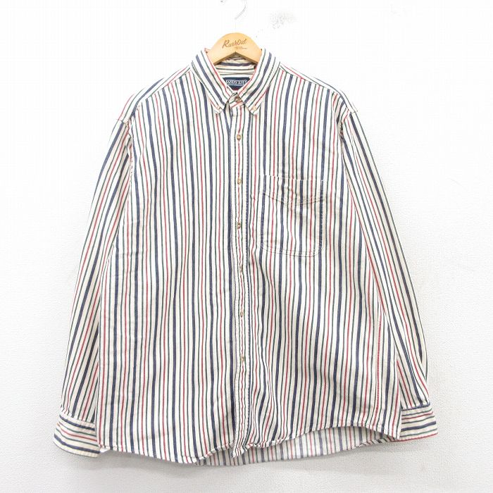 XL★古着 ランズエンド 長袖 ブランド シャツ メンズ 90年代 90s コットン ボタンダウン 白他 ホワイト ストライプ 25mar08 中古 トップス