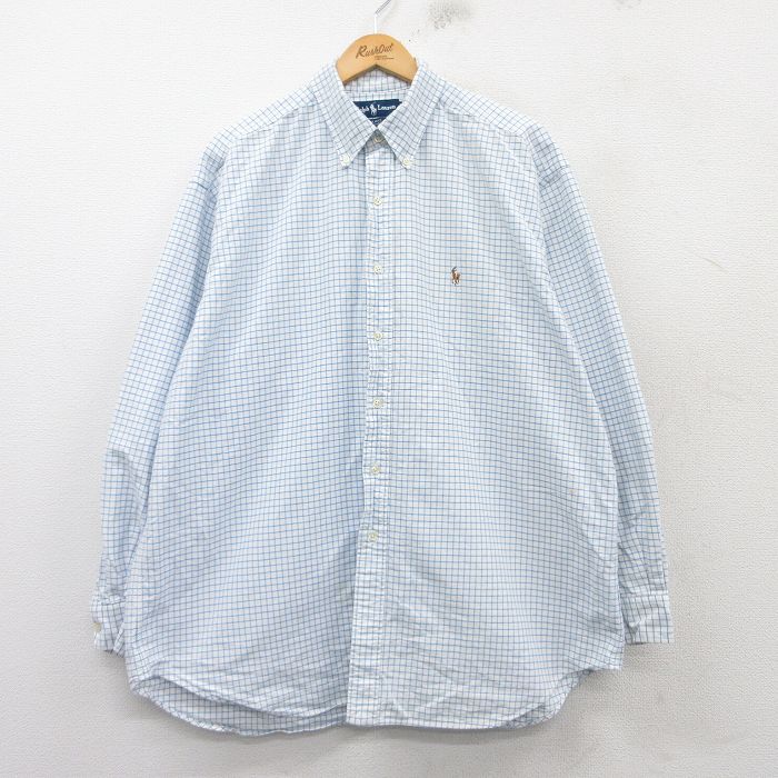 XL★古着 ラルフローレン Ralph Lauren 長袖 ブランド シャツ メンズ 90年代 90s ワンポイントロゴ BLAKE 大きいサイズ コットン ボタンダウン 薄紺他 ネイビー チェック 25mar08 中古 トップス