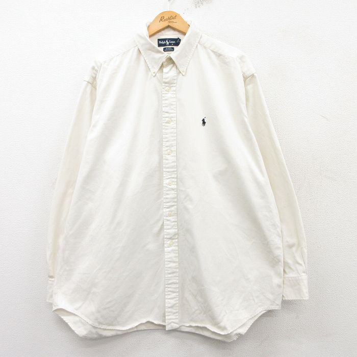 XL★古着 ラルフローレン Ralph Lauren 長袖 ブランド シャツ メンズ 90年代 90s ワンポイントロゴ BLAIRE 大きいサイズ ロング丈 コットン ボタンダウン 白系 ホワイト 25mar08 中古 トップス