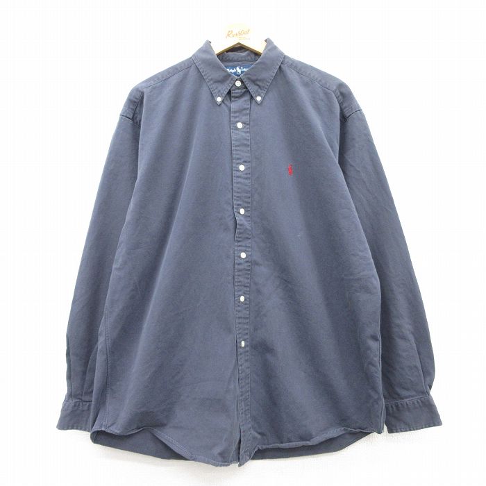 XL★古着 ラルフローレン Ralph Lauren 長袖 ブランド シャツ メンズ 90年代 90s ワンポイントロゴ ロング丈 コットン ボタンダウン 紺 ネイビー 25mar10 中古 トップス