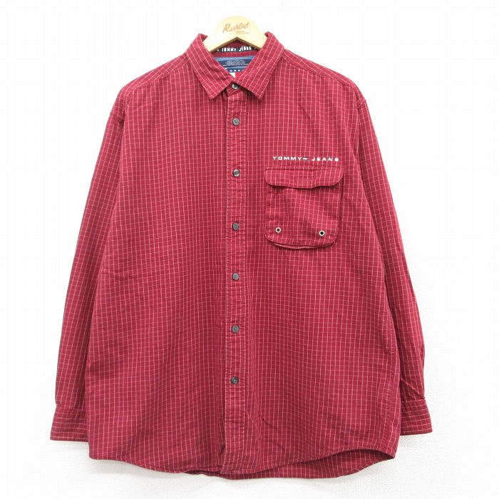 【50%OFF】XL★古着 トミーヒルフィガー TOMMY HILFIGER トミージーンズ 長袖 ブランド シャツ メンズ 90年代 90s ワンポイントロゴ コットン ボタンダウン エンジ系他 チェック 25mar10 中古 トップス