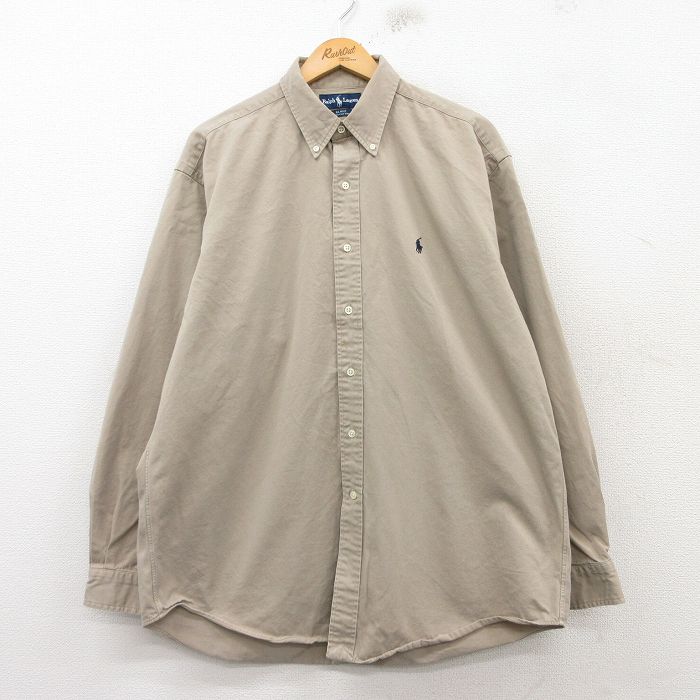 XL★古着 ラルフローレン Ralph Lauren 長袖 ブランド シャツ メンズ 90年代 90s ワンポイントロゴ BLAKE 大きいサイズ ロング丈 コットン ボタンダウン ベージュ カーキ 25mar10 中古 トップス