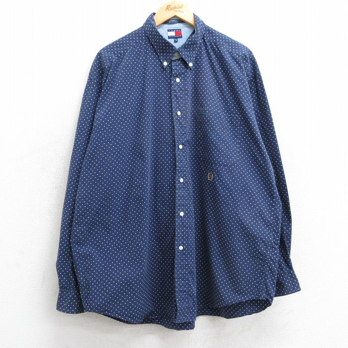 XL★古着 トミーヒルフィガー TOMMY HILFIGER 長袖 ブランド シャツ メンズ 90年代 90s ワンポイントロゴ 大きいサイズ コットン ボタンダウン 紺 ネイビー ドット 【spe】 25mar10 中古 トップス