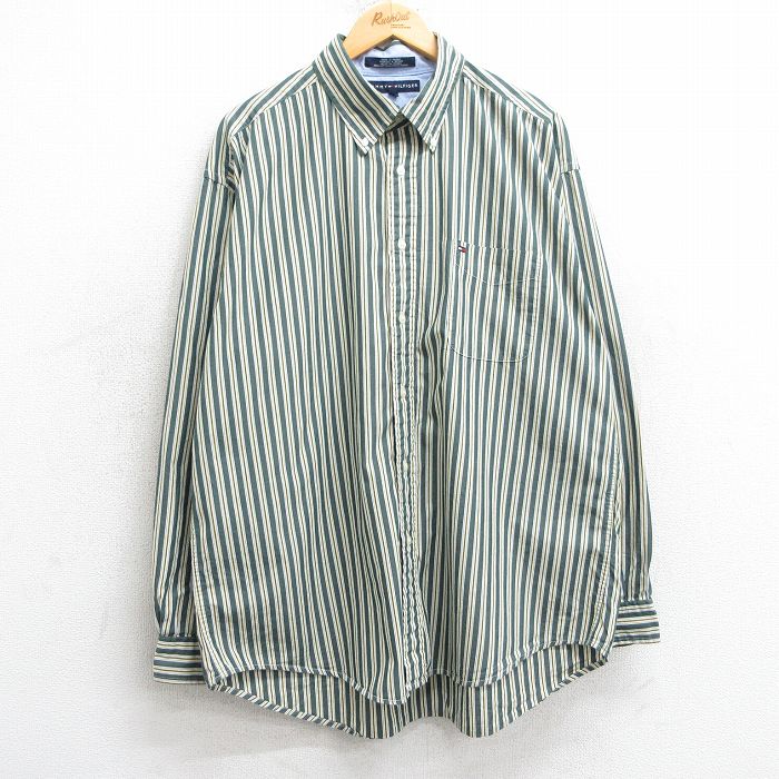 XL★古着 トミーヒルフィガー TOMMY HILFIGER 長袖 ブランド シャツ メンズ ワンポイントロゴ 大きいサイズ コットン ボタンダウン 緑他 グリーン ストライプ 25mar10 中古 トップス
