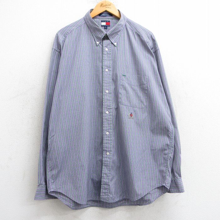 XL★古着 トミーヒルフィガー TOMMY HILFIGER 長袖 ブランド シャツ メンズ 90年代 90s ワンポイントロゴ 大きいサイズ コットン ボタンダウン 紫他 パープル チェック 25mar10 中古 トップス