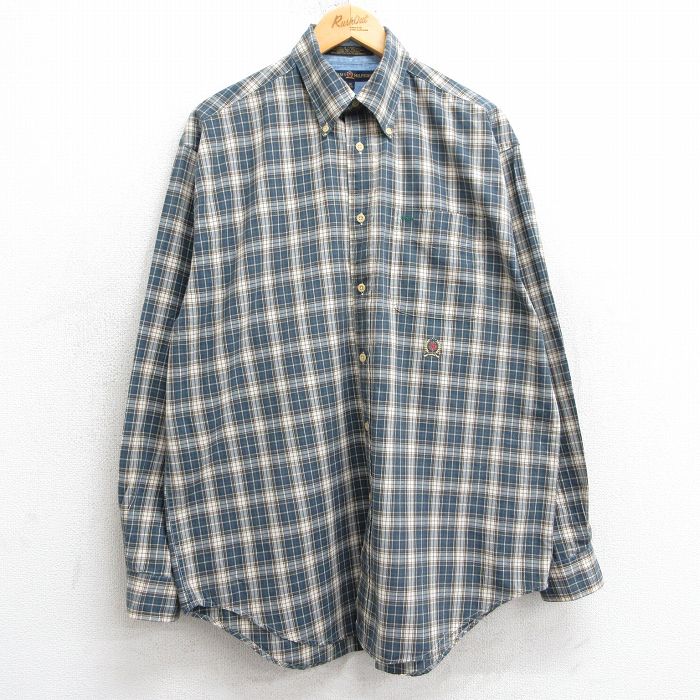 【50%OFF】XL★古着 トミーヒルフィガー TOMMY HILFIGER 長袖 ブランド シャツ メンズ 90年代 90s ワンポイントロゴ コットン ボタンダウン 紺系他 ネイビー チェック 25mar10 中古 トップス