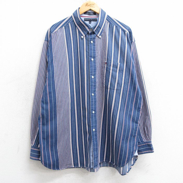 XL★古着 トミーヒルフィガー TOMMY HILFIGER 長袖 ブランド シャツ メンズ ワンポイントロゴ 大きいサイズ コットン ボタンダウン 紺他 ネイビー ストライプ 25mar10 中古 トップス